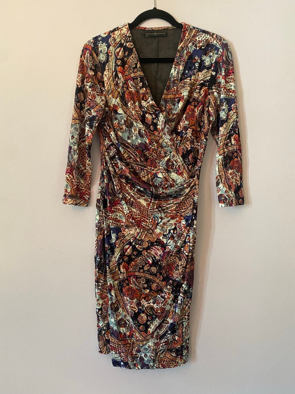 Peruvian Connection Multicolor Paisley Wrap Dress Knee Length V-neck size Small